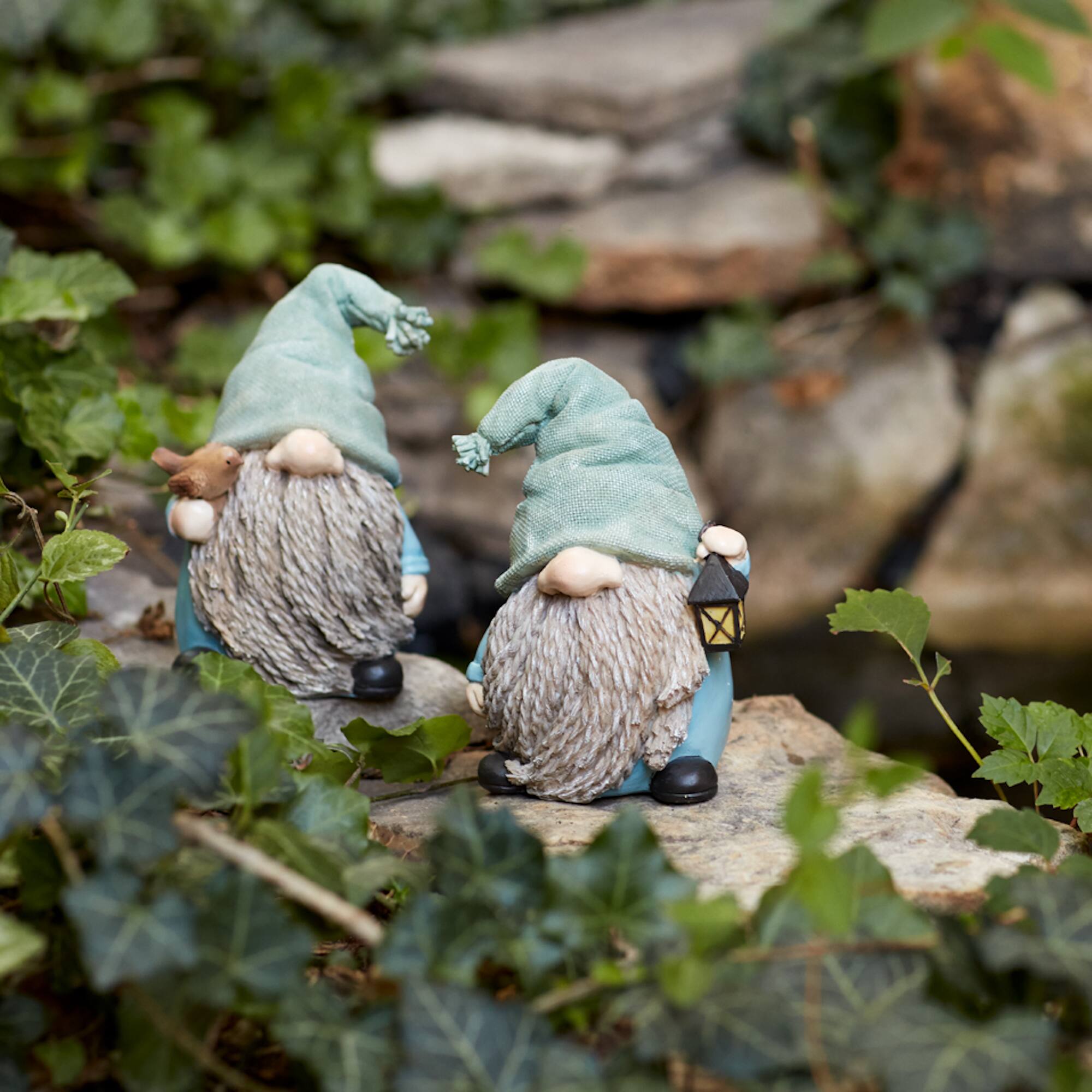6.25" Faux Stone Garden Gnomes with Bird & Lantern Figurines Set